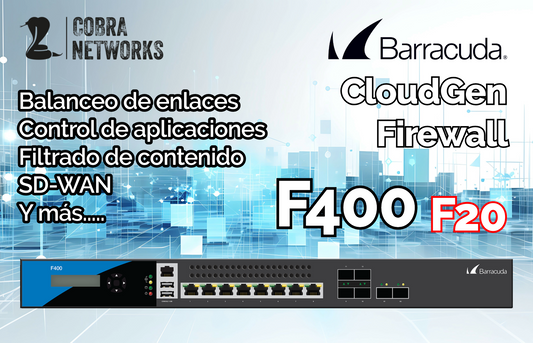 Barracuda CloudGen Firewall F400 model F20 (8 copper and 4 SFP 1G ports and dual power supply) con 1 Year EU+IR